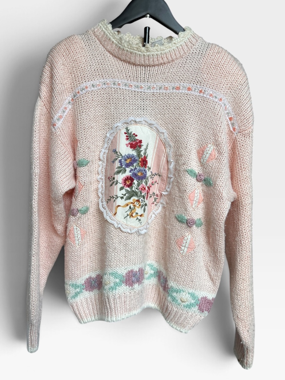 Vintage Heidi Cottagecore Pink Knit Sweater Floral Patch Lace Shoulder Pads Sz L